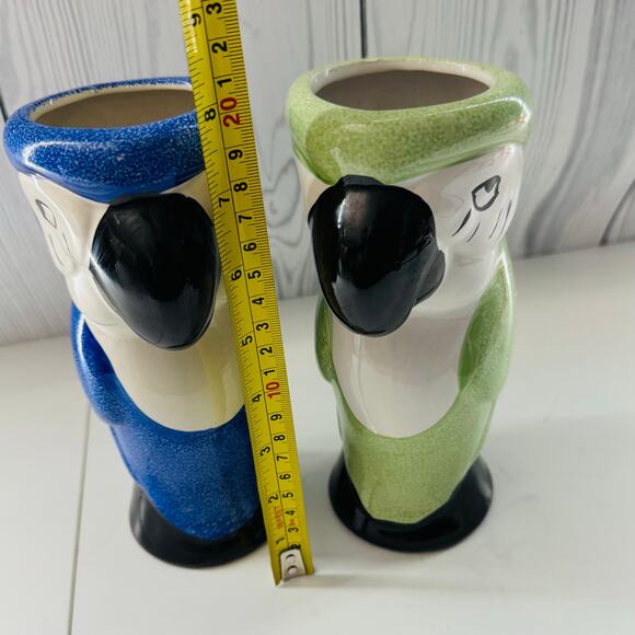 Set of 2 Vintage Parrot Macaw Ceramic Tropical Island Tiki 8" Vase Blue Green - Picture 8 of 8